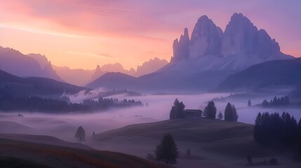 Foggy meadow in the mountains at sunrise. Dolomites