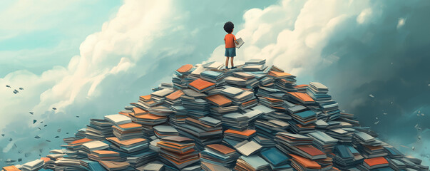 A 3D cartoon child standing at the base of a giant mountain of textbooks, looking up in awe at a tiny, dilapidated school building