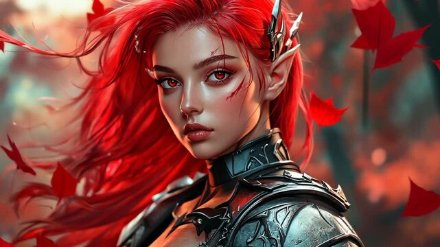 Fantasy character portrait with vibrant red hair and elaborate armor in an autumn forest setting