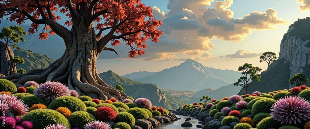 Poster a large tree with red leaves stands in a field of colorful flowers. the sky is cloudy and the sun is