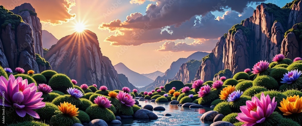 Poster a large tree with red leaves stands in a field of colorful flowers. the sky is cloudy and the sun is