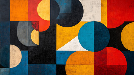 Abstract geometric shapes in bold primary colors on canvas modern art showcase gallery space vibrant environment artistic perspective