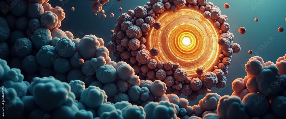 Poster a colorful, abstract image of a large, glowing circle surrounded by many smaller circles. the image 