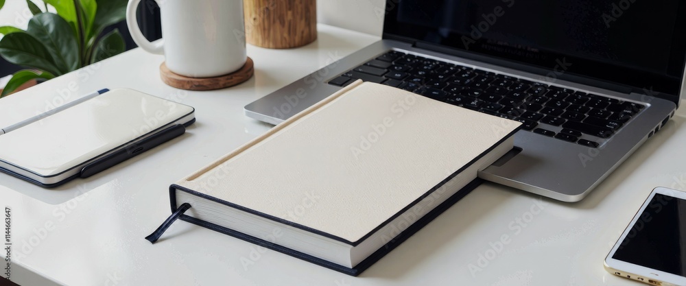 Poster a laptop and a notebook are on a table. the notebook is open to a page with a white cover