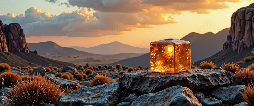 Poster a cube is sitting on a rock in a desert. the sky is orange and the mountains in the background are c