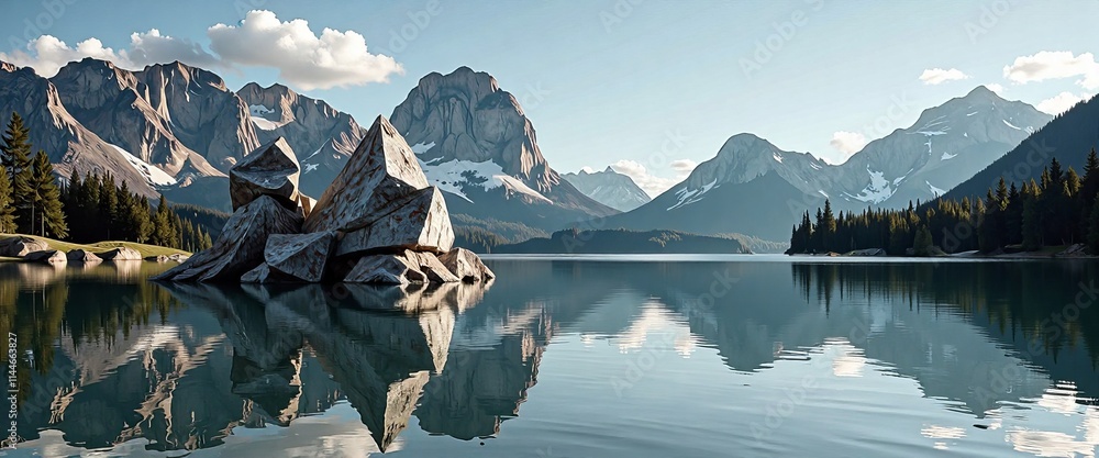 Poster a beautiful lake with a reflection of three teepees on the water. the scene is serene and peaceful, 