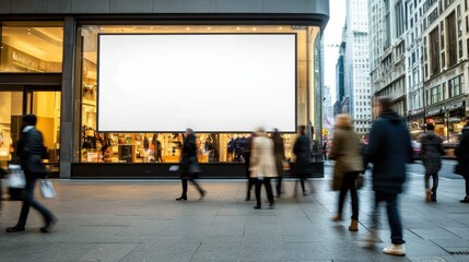 Blank Urban Billboard in Busy City Street with Walking Pedestrians