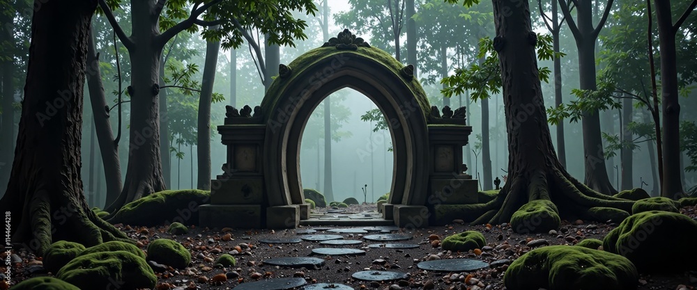 Poster a forest with a stone archway leading into it. the archway is surrounded by moss and trees