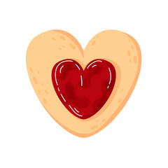 Heart shaped cookie with strawberry jam in cartoon. Sweet love symbol of linzer cookie for Happy Valentine Day holiday. Icon for bakery isolated on white background.