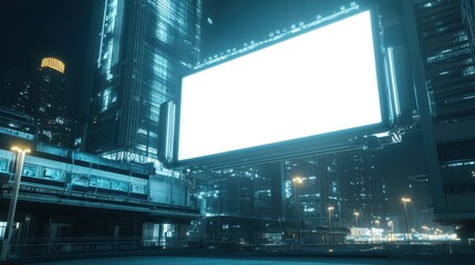 Futuristic Urban Nightscape Featuring Blank Digital Billboard in City