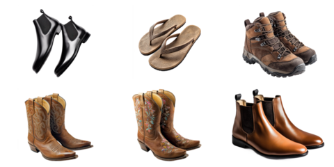 Collection of many kinds of shoes isolated on white background