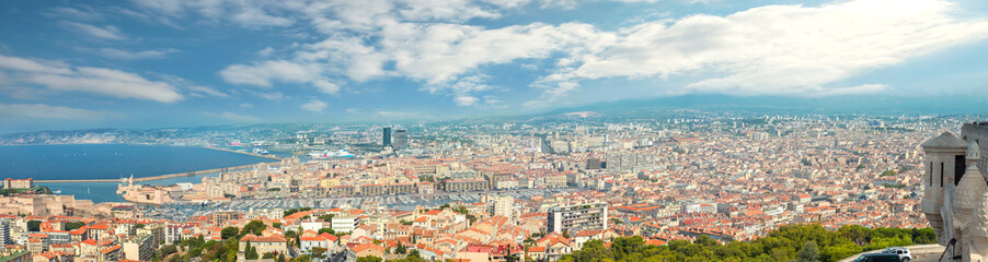 Aerial panoramic view of old port and Marseille city. France