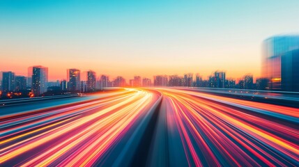 Fototapeta premium Blurred Dynamic Cityscape at Warm Glowing Dusk with Speeding Traffic Lights