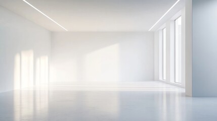 A clean, minimalist studio space with soft lighting equipment, a seamless white background, and adjustable tripods