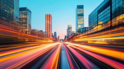 Fototapeta premium Blurred cityscape at dusk with warm glowing lights and dynamic urban motion