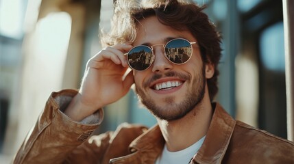 Young handsome stylish smiling man adjusting his sun glasses
