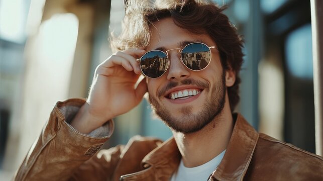 Young handsome stylish smiling man adjusting his sun glasses
