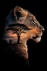 Fototapeta premium Double exposure of a lion's profile blended with an acacia tree and sunset. Concept of wildlife, nature, and conservation.