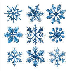 Delicate blue snowflakes in various shapes and sizes  isolated on white background, showcasing winter beauty 