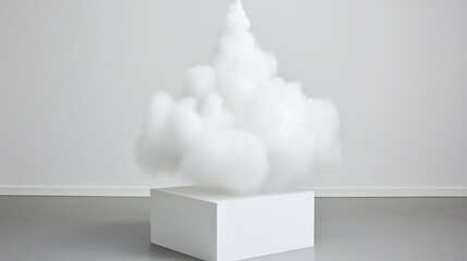 White fluffy cloud formation on a white cube.