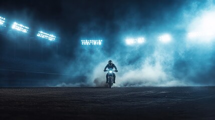 Fototapeta premium Night Motocross Event Illuminated by Bright Stadium Lights, A dramatic night shot of a motocross rider mid-action, with bright stadium lights casting dynamic shadows and highlights. 