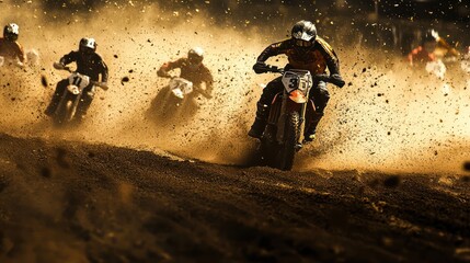 High-Speed Motocross Action at a Competitive Championship Event, A dynamic image of a motocross championship race, showcasing multiple riders battling for the lead on a dusty, high-speed track. 