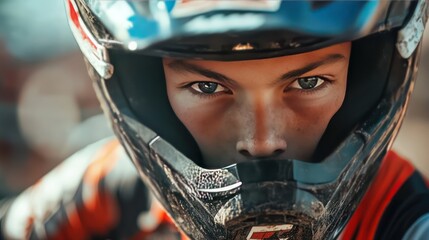 Intense Focus of a Motocross Rider Before the Start of a Race, A close-up portrait of a rider in full gear, sitting on the bike with intense focus before the race begins. 