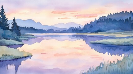 Fototapeta premium Serene evening reflection on tranquil lake nature landscape watercolor art peaceful environment panoramic view
