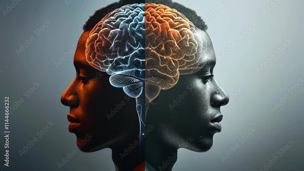 Poster man merging with digital brain symbolizes tech and human intelligence integration, evoking neural en