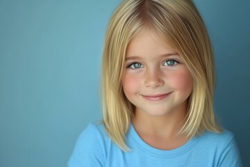 Fototapeta premium A young girl with blue eyes and blonde hair smiles gently, her innocence framed by a soft blue background and turquoise background.