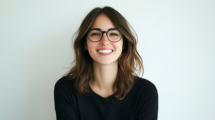 Fototapeta premium Smiling woman with glasses portrait photo against plain wall.. AI Generated