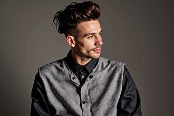 A man with a short haircut and a beard is wearing a gray vest and a black shirt. He is sitting on a chair and looking at the camera