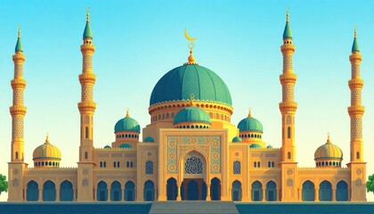 illustration of a mosque. It depicts a large, ornate building with a central dome, multiple smaller domes, and tall minarets.