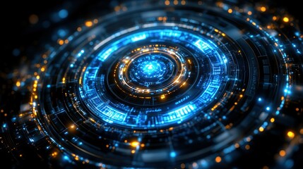 Obraz premium Futuristic digital interface with glowing circular patterns.