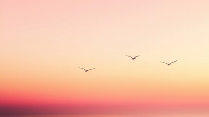 Fototapeta premium Dusk flight of silhouetted birds over a vibrant sky coastal landscape nature serene environment