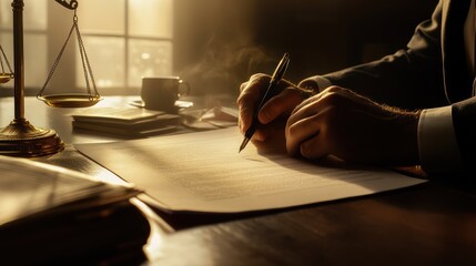 Lawyer signing legal document at desk.