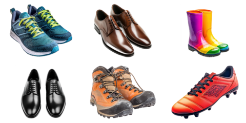 Collection of many kinds of shoes isolated on white background