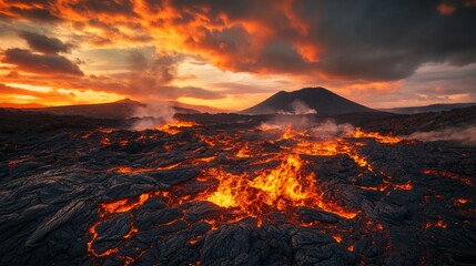 Lava Flow at Sunset: A Volcanic Landscape