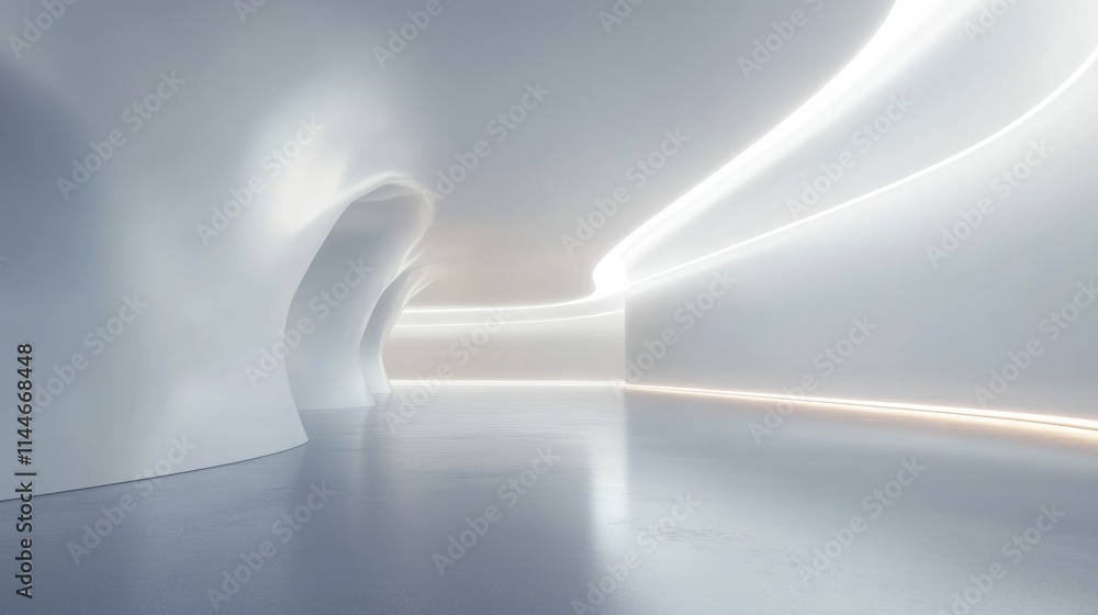 Poster a large empty hall with a bright white wall and smooth floor, illuminated by minimalistic led ceilin