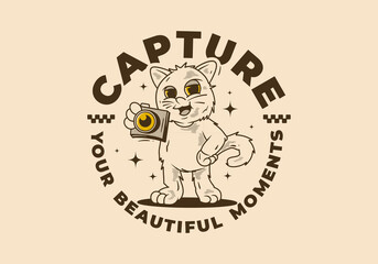 Capture your beautiful moment. Mascot character of a standing cat holding a a pocket camera