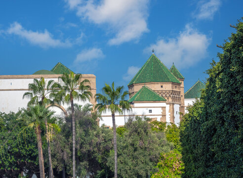 Green spaces, palm trees and elegant traditional architecture in the Habous (New Medina) neighborhood of Casablanca, Morocco