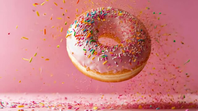 Floating donut covered in pink icing and colorful sprinkles against a pink backdrop