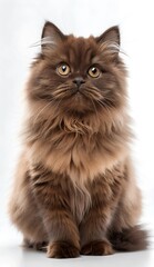 Obraz premium Fluffy chocolate-colored cat with vibrant yellow eyes and a soft fur coat, sitting gracefully on a white background. Pantone's 2025 Color of the Year mocha mousse