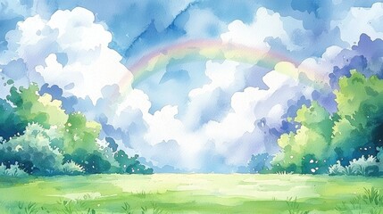 Fototapeta premium Vibrant rainbow after rain serene landscape watercolor art nature wide angle peaceful atmosphere