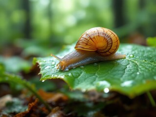 Close-up of Snail on Green Leaf in Natural Environment