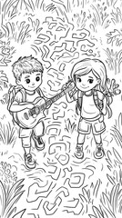 Fototapeta premium Whimsical Kids Playing Guitar Hand-Drawn Sketch Minimalist Style. AI Generated