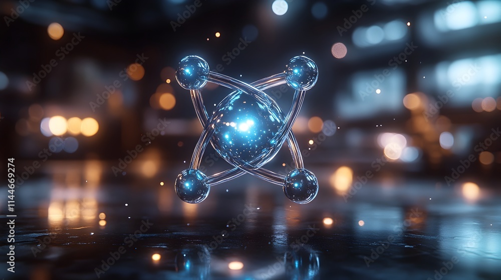 Poster highly detailed and 3d render of a technetium atom showcasing its complex electron and diverse appli