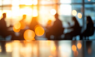 Fototapeta premium Leadership, silhouette and businesspeople in blurred conference room for discussion, growth or development