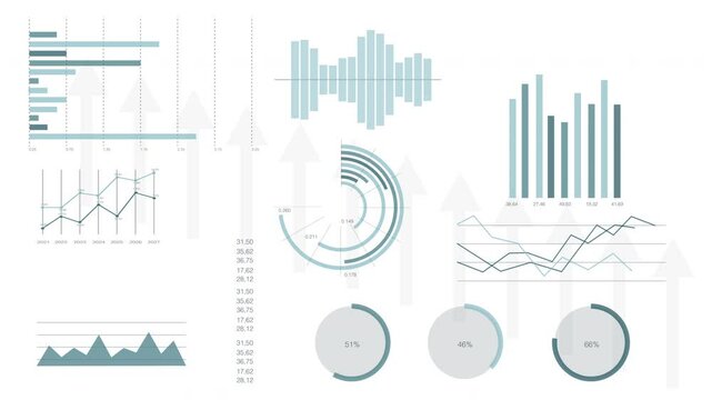 Set of animated infographic elements.Market data analysis with light blue and grey infographics, charts and diagrams isolated on white background. 4K animation 