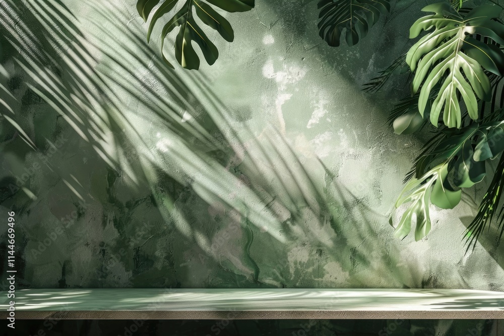 Poster empty table with monstera leaf shadow mockup. branding presentation.